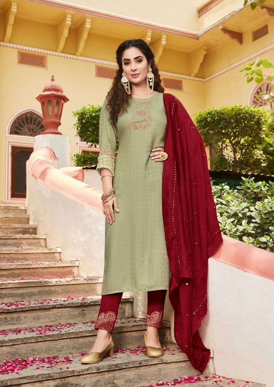 Keeloo-Bitu-2-Rayon-Chex -Dobby-Embroidery Work Kurti-With-Pant-and-Chanderi -Mirror-work-Dupatta-1008